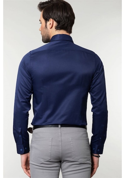 Tudors Slim Fit Dar Kesim Düz Erkek Gömlek-19031 Lacivert