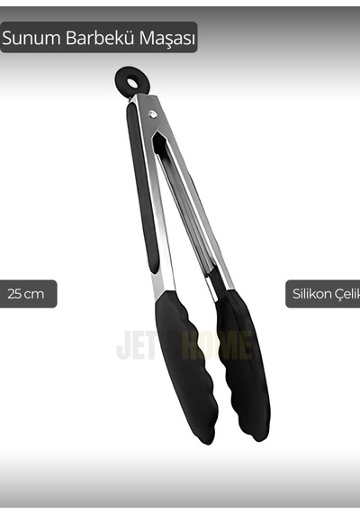 Sunum Maşası Barbekü Maşası Mangal Maşa Silikon Salata Maşası Siyah 25 Cm
