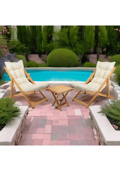 Reyo Ahşap Katlanabilir Taşınır Puf Minderli Şezlong Balkon Sandalyesi Takımı 3 Lü Set Krem