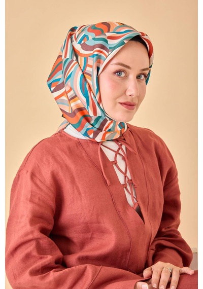 Silk Home Twill İpek Eşarp 11471-35 Kahverengi, Somon, Turuncu, Petrol Mavi, Mercan