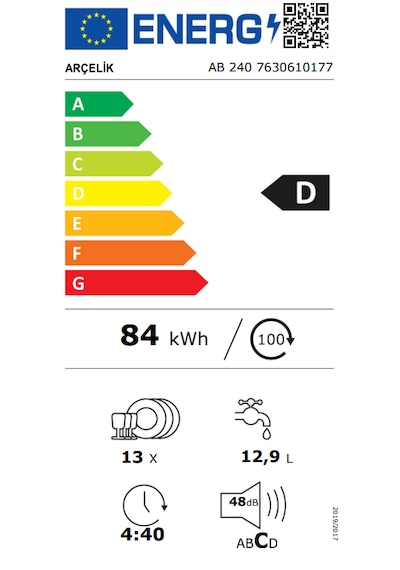 Arçelik AB 240 4 Programlı 13 Kişilik D Enerji Sınıfı Ankastre Bulaşık Makinesi