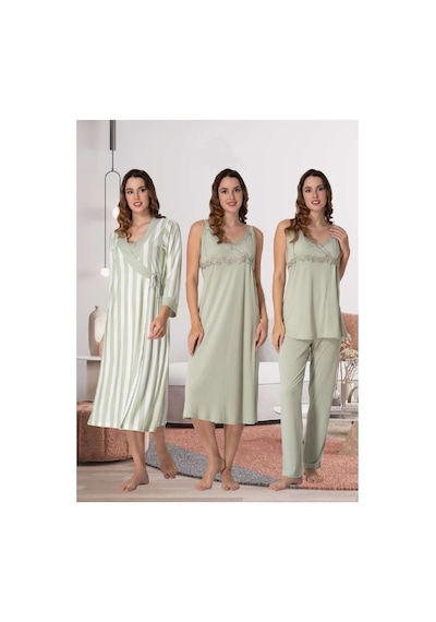 Effortt Dvina Lohusa Hamile Gecelik, Çizgili Sabahlıklı Ve Pijama Takımı Set - 4'lü Takım - Yeşil Yeşil