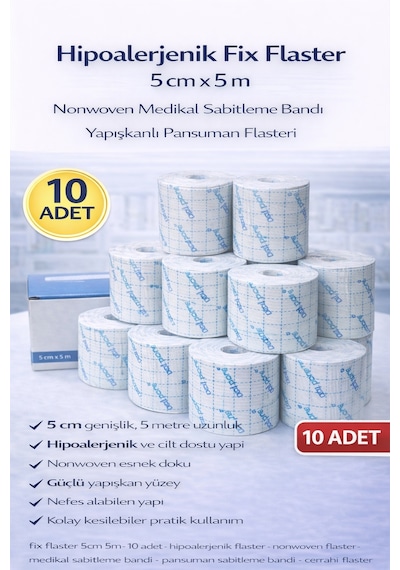 Hipoalerjenik Fix Flaster 5 Cm X 5 M 10 Adet Nonwoven Medikal Sabitleme Bandı Yapışkanlı Pansuman Flasteri