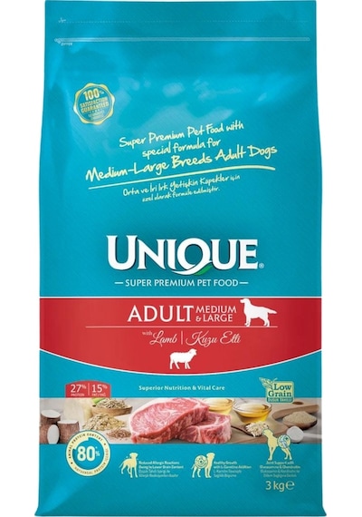 Unique Kuzu Etli Orta ve Büyük Irk Yetişkin Köpek Maması 3 KG
