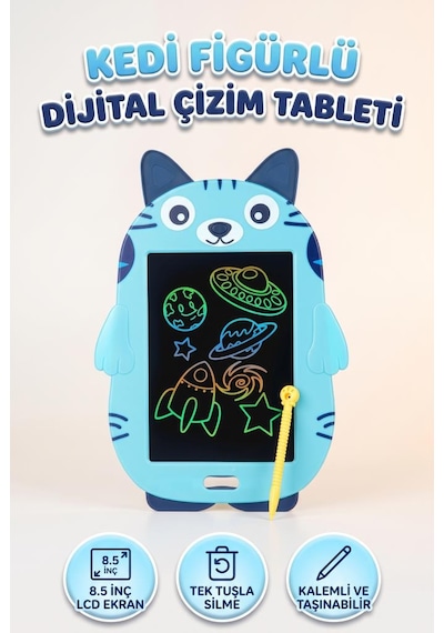 8.5 İnç Sevimli Kedi Figürlü Renkli Lcd Dijital Çizim Ve Yazı Tableti - Eğitici Grafik Yazı Tahtası