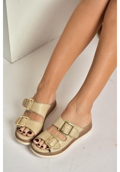 Fox Shoes Y555021703 Bej Hakiki Deri Comfort Ortopedik Taban Kadın Terlik Bej