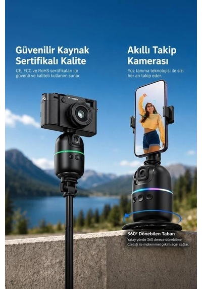 Özel Üretim Selfie Standı Mobil Stant Tripod 360 Yüz Takip Gimbal P03 Siyah