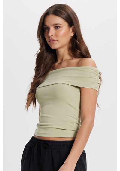 Tudors Kadın Slim Fit Dar Kesim Pamuklu Kayık Yaka Kısa Kollu Likralı Yeşil Bluz-50359 YEŞİL