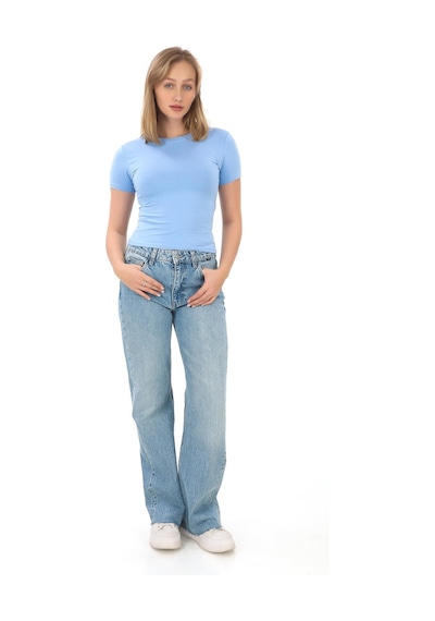 Crop Slim Fit Pamuk Likra Tişört-mavi Mavi