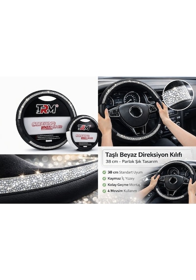Beyaz Taşlı Direksiyon Kılıfı - 38 Cm - Parlak Şık Tasarım Çok Renkli