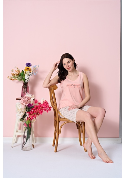 Over Sleep By Poleren Kadın Şortlu Pijama Takımı Kolsuz & Sıfır Kol Pamuklu Penye Açık Pembe