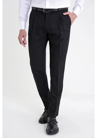 Comfort Fit Yan Cep Esnek Pamuklu Gabardin Tek Pileli Siyah Pantolon P 1211