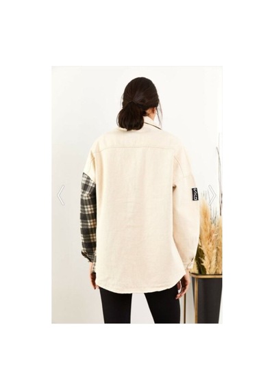Esb Design Kadın Siyah-bej Ekose Boyfriend Oversize Eskitmeli Jeans Kot Ceket