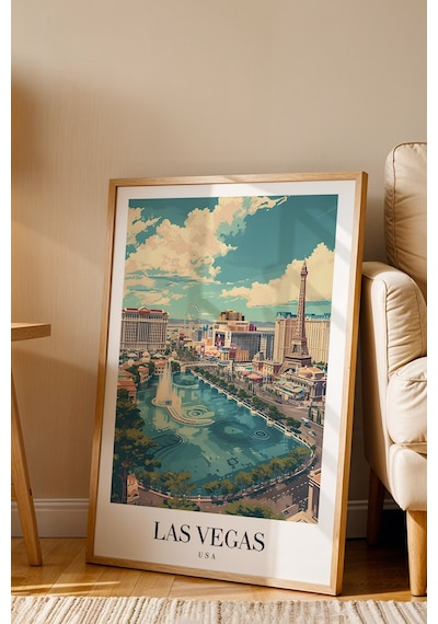 Las Vegas Usa Vintage Seyahat Posteri Çerçeveli Tablo - Premium The Strip Elit Duvar Dekoru Kayın