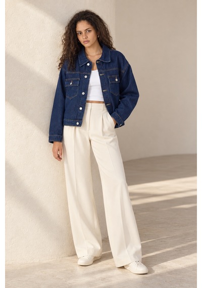 Polo State Kadın Koyu Mavi Çift Cepli Düğmeli Oversize Denim Jean Ceket Lacivert