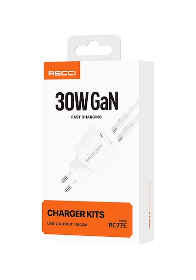 Recci Rc77e Gan Teknolojili Hızlı Şarj Başlığı Type-c To Type-c Pd 30w Kablolu Şarj Seti Beyaz