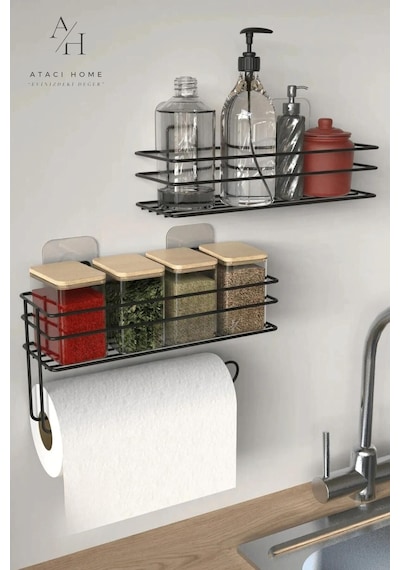 Atacı Yapışkanlı Pratik Şampuanlık 2li Metal Kağıt Havluluk Siyah Stantlı Şık Banyo Rafı Siyah