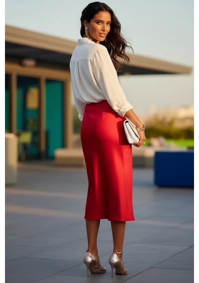 Fashion Cocktail Saten Dökümlü Belden Oturan Kalın Iç Lastikli Yırtmaçsız Diz Altı Midi Ofis Etek Pembe Fashion Cocktail Saten Dökümlü Belden Oturan Kalın Iç Lastikli Yırtmaçsız Diz Altı Midi Ofis Etek Pembe