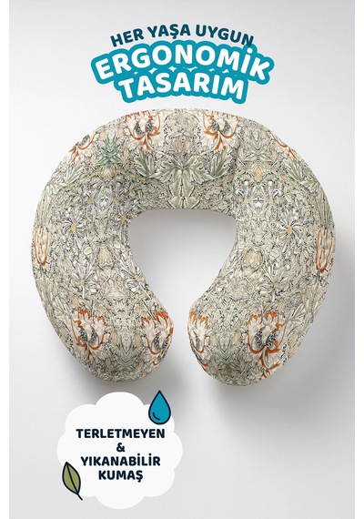 Vintage Çiçek Desenli Ergonomik Boyun Yastığı - Klasik Botanik Bej Turuncu Seyahat Yastığı Çok Renkli