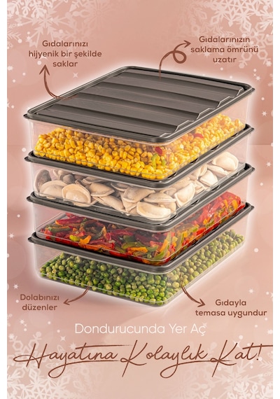 Vienev 4'lü 3,5 Litre Buzdolabı Düzenleyici Organizer Mikrodalgaya Uygun Difriz Saklama Kabı Gri Gri