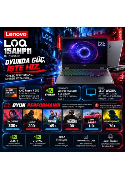 Lenovo LOQ 15AHP11 W83TN0095TRH24 Ryzen 7 250 48 GB 4 TB SSD+4 TBSSD 8 GB/rtx5060 115w 15.3" W11H Dizüstü Bilgisayar + Çanta