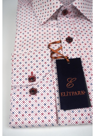 Elitpark Kare-nokta Desenli Bordo Uzun Kollu Pamuklu Cepli Rahat Kalıp Premium Erkek Gömlek
