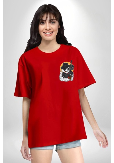 Gangster Panda Kırmızı Oversize Unisex Ön Ve Sırt Baskılı Tişört Kırmızı