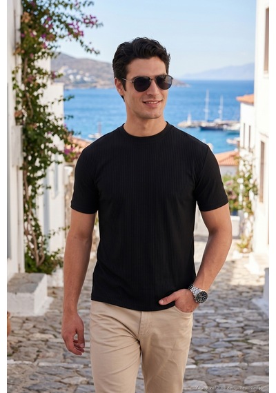 Buratti Regular Fit Çizgili Dokulu Bisiklet Yaka T Shirt Erkek T Shirt 5904023 Siyah
