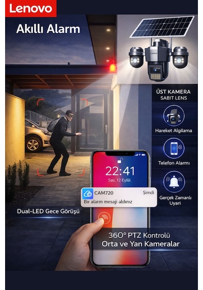 W11c-z 3 Lensli 4g Sım Kartlı 360 Ptz Solar Güvenlik Kamerası Güneş Panelli Gece Görüşlü Dış Mekan