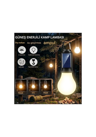 Taşınabilir Askılı Ampul Kamp Lambası,solar Ve Usb Type-c Şarjlı Led Ampul Lamba,su Geçirmez,iç/dış Mekan,kamp,çadır,bahçe,aydınlatma Şeffaf