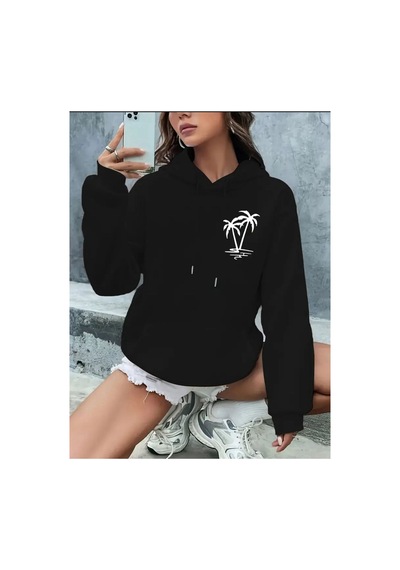 Medinenur Palmiye Baskılı Cepli Kapüşonlu Sweatshirt Siyah