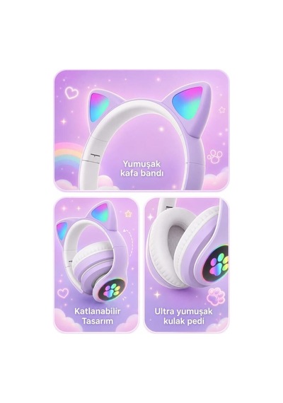 Özel Seri Dinleme Teknoloji Kedi Bluetooth Kulaklık Kulak Üstü Hd90 Mor