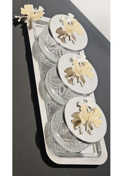 Atabey Home Collection 3'lü Kelebekli Gümüş Tepsili Kase Seti & Şekerlik & Sunumluk & Çerezlik