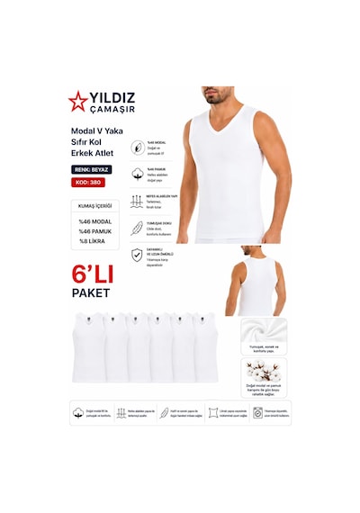 Yıldız Çamaşır Erkek Modal V Yaka Sıfır Kol Likralı Fanila Atlet 380-381 - 6 Adet Beyaz