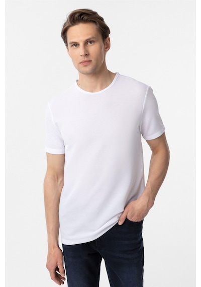 Süvari Beyaz Slim Fit Armürlü Bisiklet Yaka Tişört-37377 Beyaz