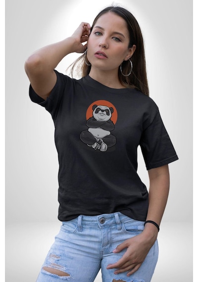 Yoga Panda Unisex Unisex Siyah Organik Baskılı T-shirt Penye Yüksek Kalite Siyah