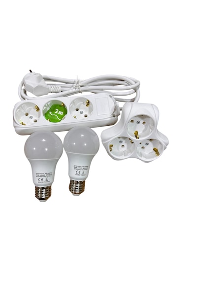 3'lü Grup Priz 2 Metre + 3'lü Yonca Çoğaltıcı Priz Ve 2 Adet 11w Led Ampul Seti