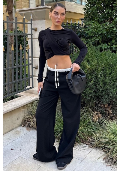 Madmext Siyah Çift Bel Bantlı Wide Leg Kadın Pantolon Mg2551 Siyah