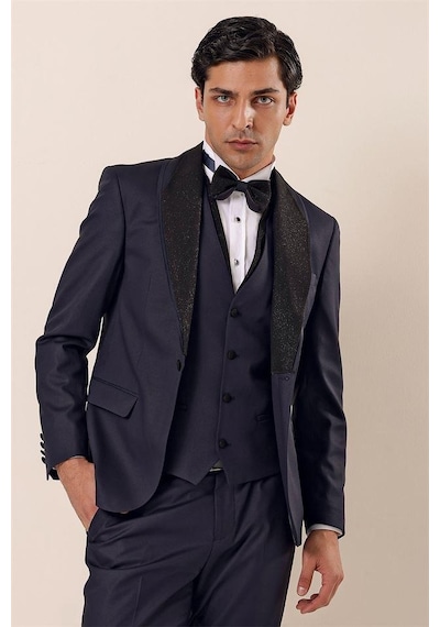 İmza Koyu Lacivert Desenli Çıkarılabilir Şal Yaka Yelekli 6 Drop Slim Fit Smokin Damatlık Takım 1001230203-Lacivert
