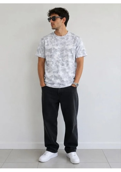 Defymoda Erkek Batik Desenli Tişört Bisiklet Yaka Kısa Kol Regular Fit T-shirt - Gri