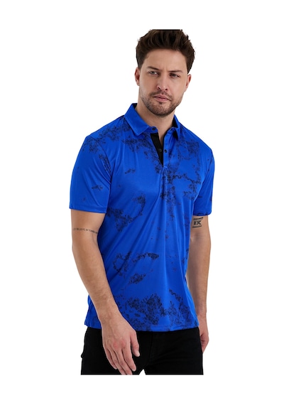 Gölge Desenli Spor Polo Yaka Erkek Kısa Kol Tişört Saks Mavi