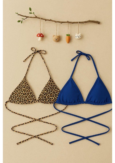 Angbutik Kadın Leopar Desenli Ve Mavi Minimal Kesim Üçgen Bikini Üstü Çok Renkli