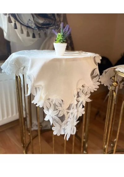 Salon Takımı Çeyizlik Helena Model Krem 5 Parça Keten Dantelli Runner Seti Çok Renkli