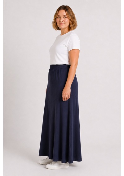 Bihan Store Yüksek Bel Sandy Kumaş Panelli Dökümlü Battal Boy Maxi Etek Y26-90980-lacivert