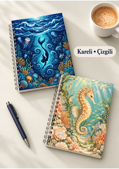 Masalsı Deniz Altı Su Altı Bahçesi Temalı 2'li Set A5 Metal Spiralli Çizgili-kareli Karton Kapak Masalsı Deniz Altı Su Altı Bahçesi Temalı 2'li Set A5 Çizgili-kareli Defter