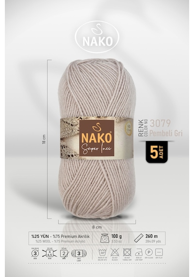 Süper İnci - 3079 Pembeli Gri - 5'li Paket - 100gr/250m - Bebek İpi - Anti Pilling Tüylenmez İp