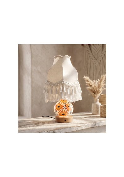 Lumina Artisan: İpek Şapkalı Ve Çiçek Desenli Porselen Abajur - 46 Cm Beyaz