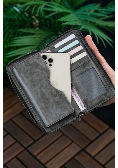 Vanilla Collection Telefon Bölmeli Unisex Deri Portföy Kartlık Uzun Cüzdan Xclub Crazy Gri