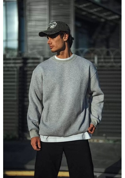 Kışlık Bisiklet Yaka Üç İplik Basic Sweatshirt - Gri Gri