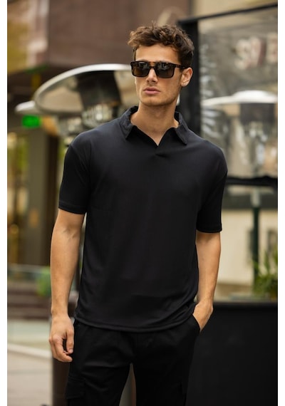 Glasses V Yaka Oversize Fitilli T-shirt - Siyah Siyah